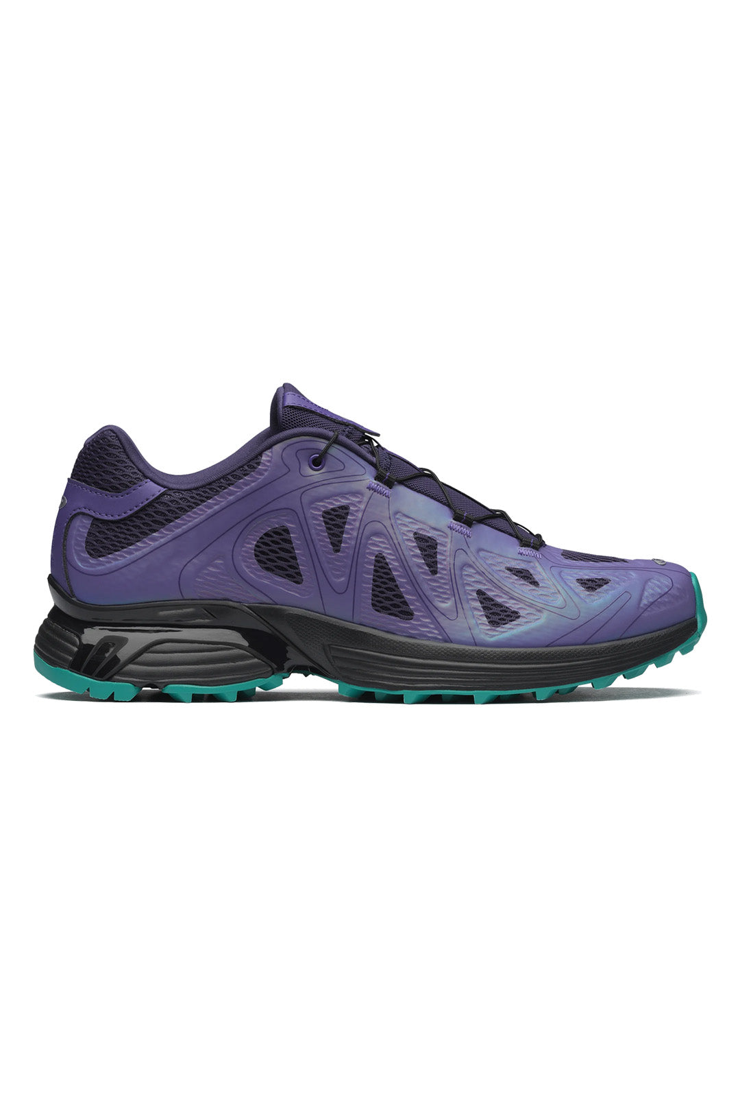 Purple athletic shoe with black and green accents on a white background